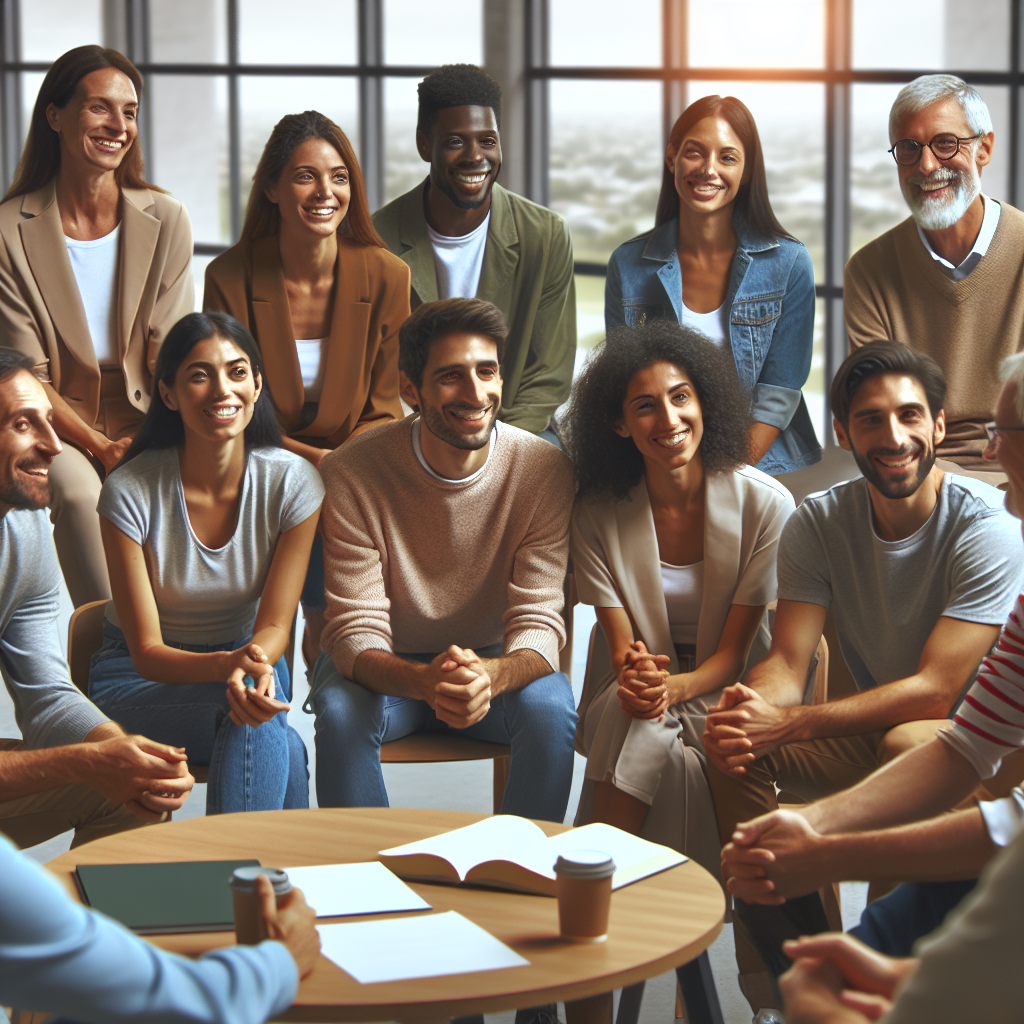 Groupe de personnes satisfaites donnant des témoignages.