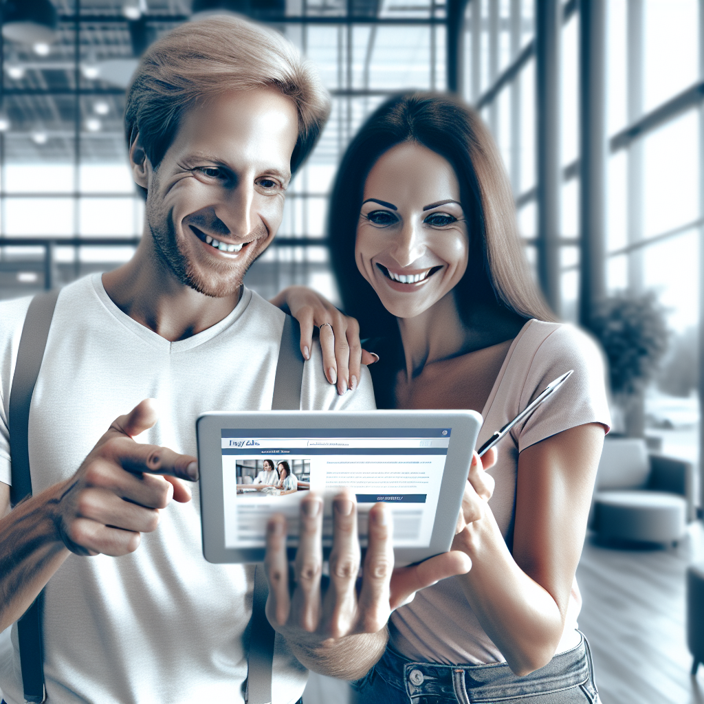 Image de clients satisfaits interagissant avec un site web sur une tablette.