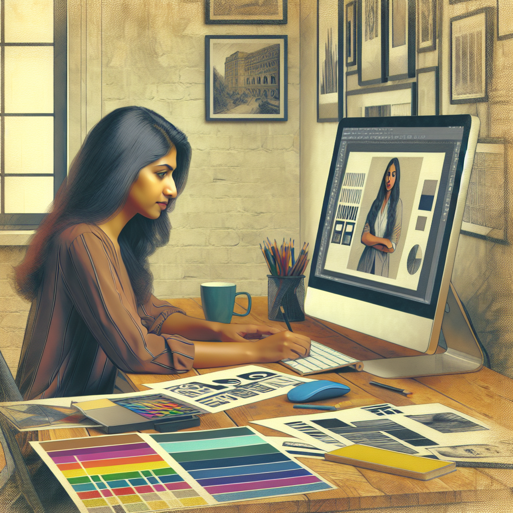 Image d'un designer travaillant sur un ordinateur avec des échantillons de design.