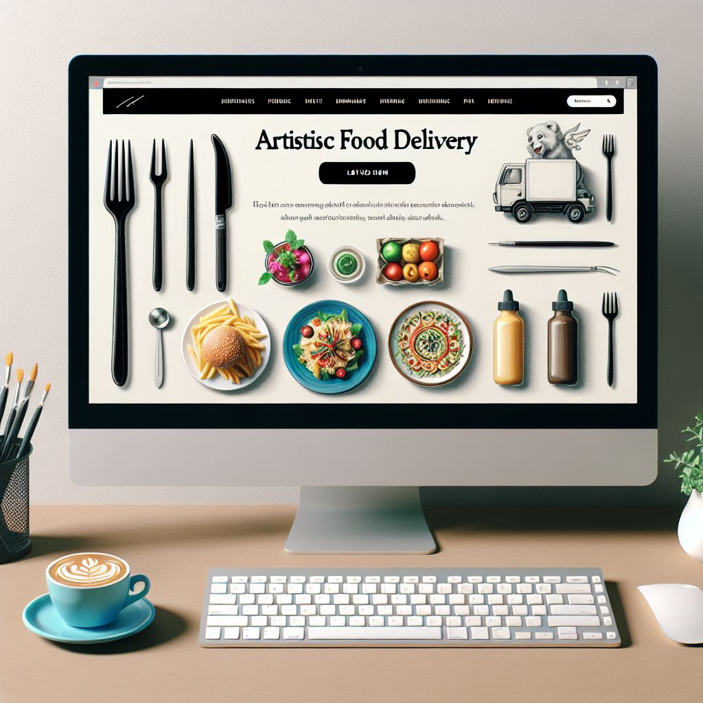 Image d'un écran d'ordinateur affichant un site de livraison de repas stylisé.