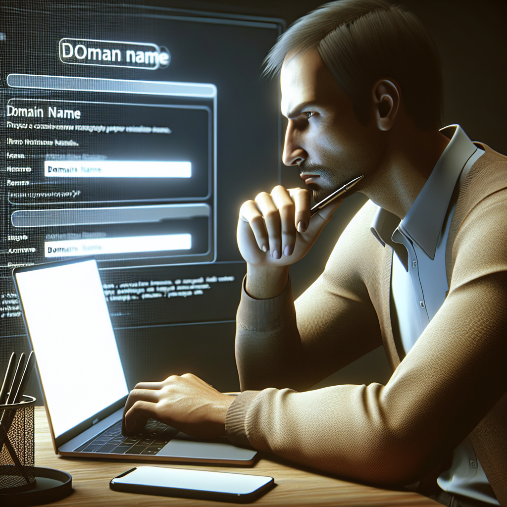 Image d'une personne réfléchissant à un nom de domaine sur un ordinateur portable