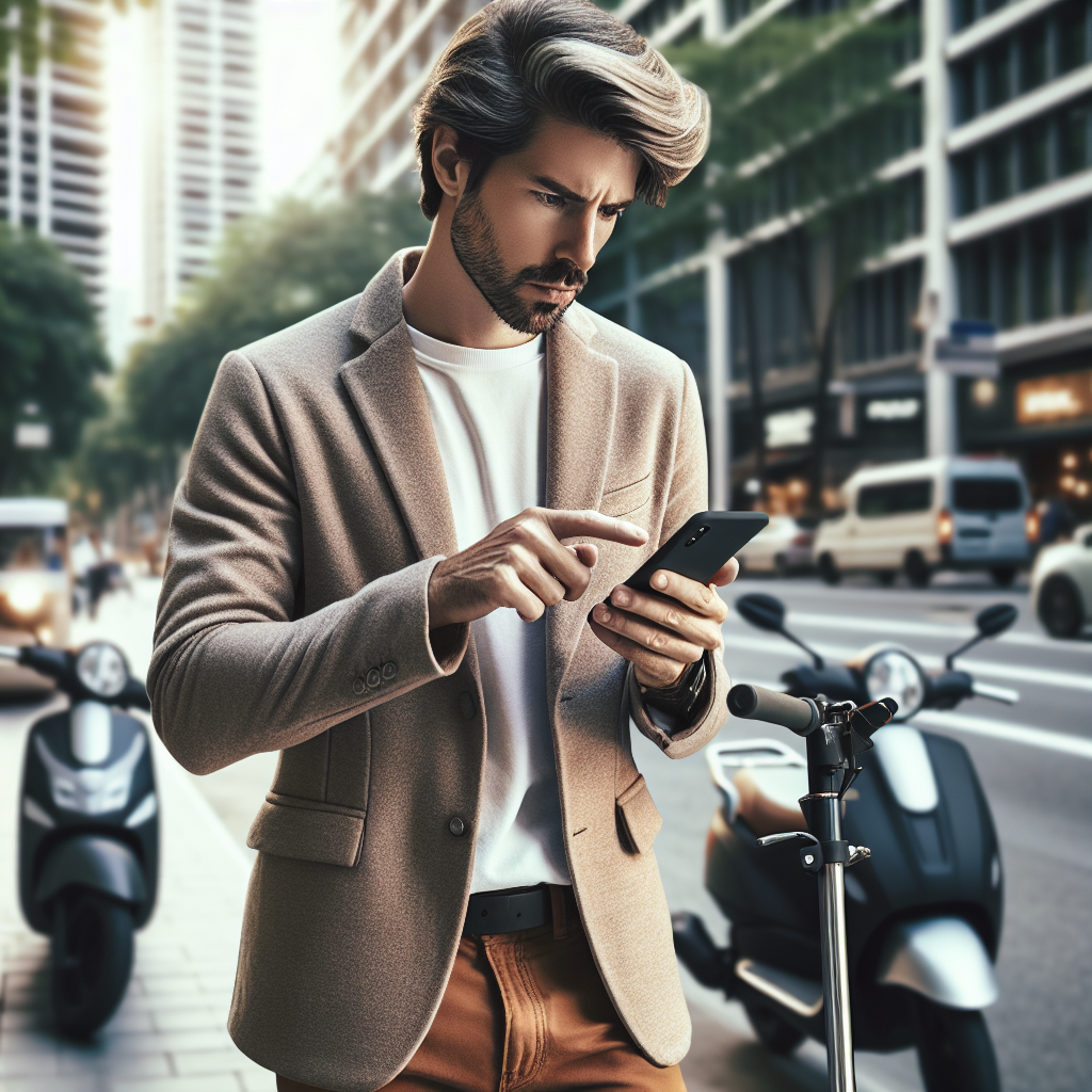 Image d'une personne utilisant un smartphone pour réserver une trottinette en ligne.