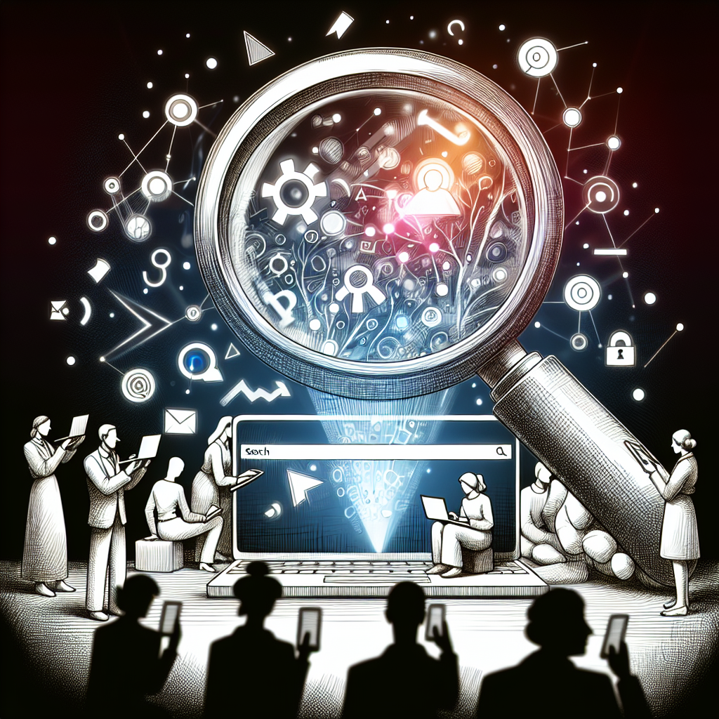 Image symbolique d'une loupe sur un écran d'ordinateur montrant des résultats de recherche.