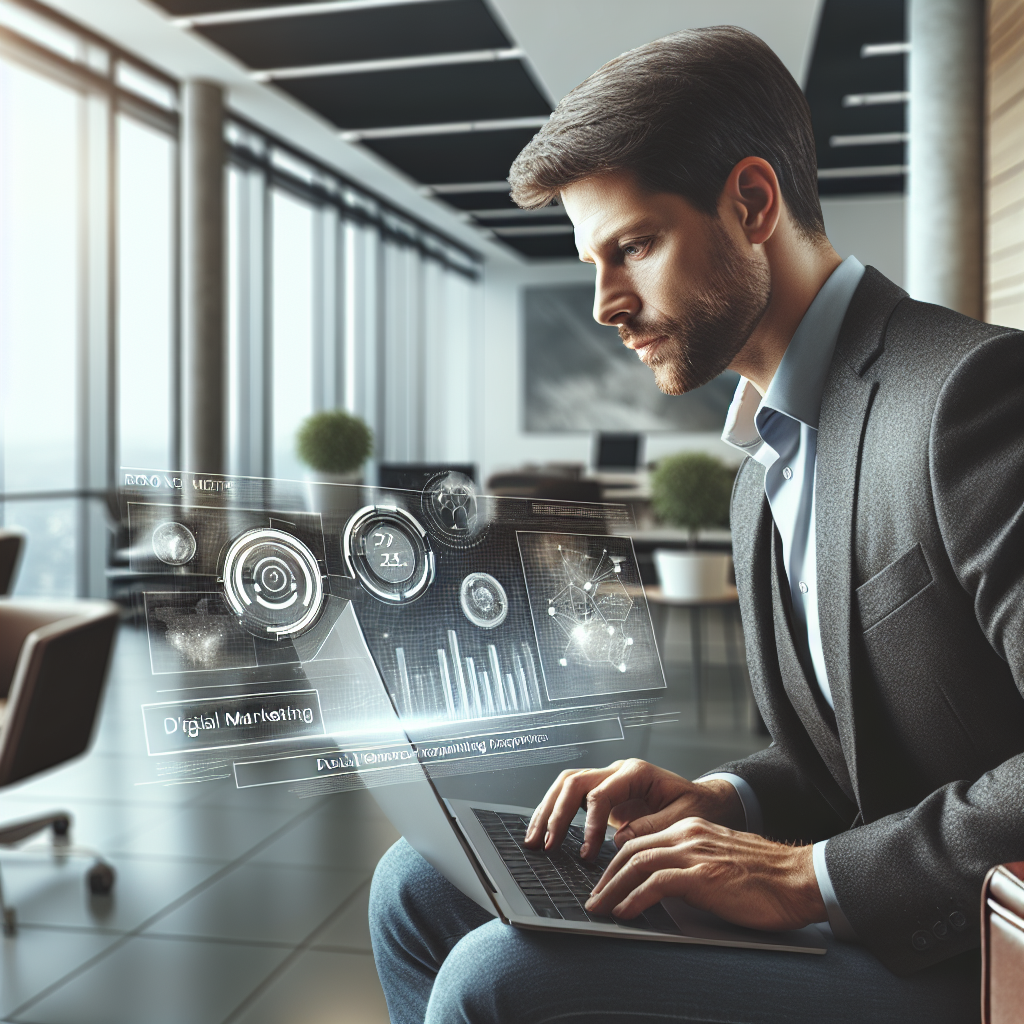 Personne utilisant un ordinateur portable avec des graphiques de marketing digital à l'écran.
