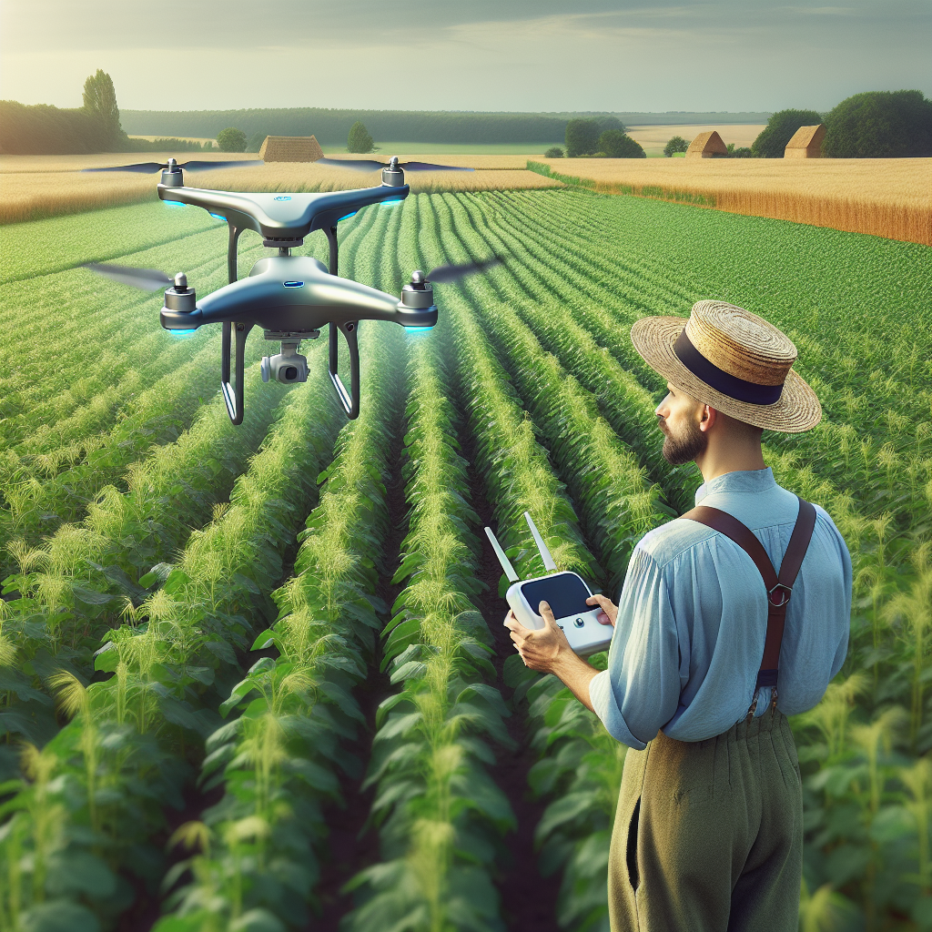 Un agriculteur utilisant un drone dans un champ.