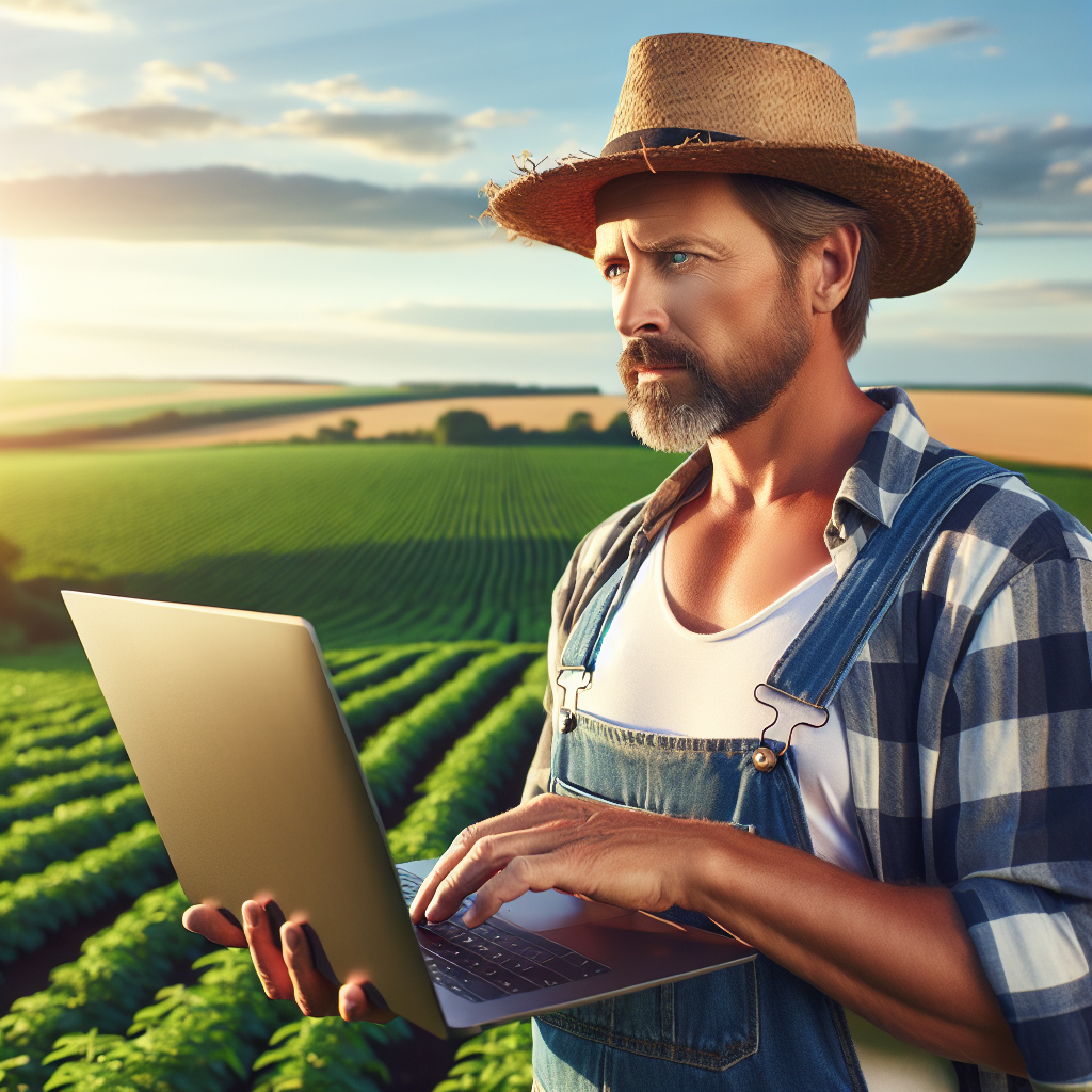 Un agriculteur utilisant un ordinateur portable dans un champ.