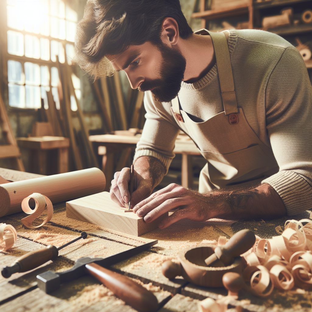 Un artisan travaillant le bois dans un atelier lumineux.