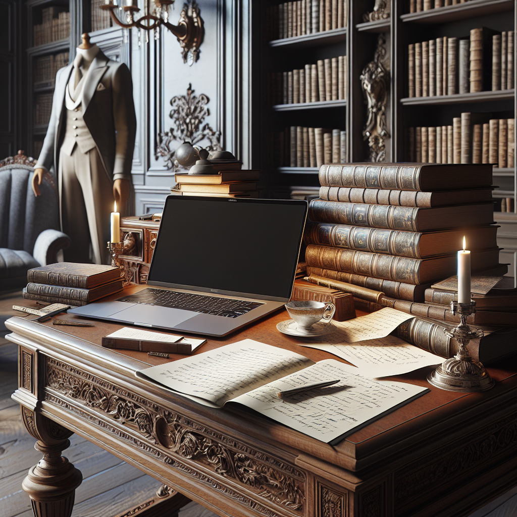 Un bureau avec un ordinateur portable, des livres et des notes manuscrites.