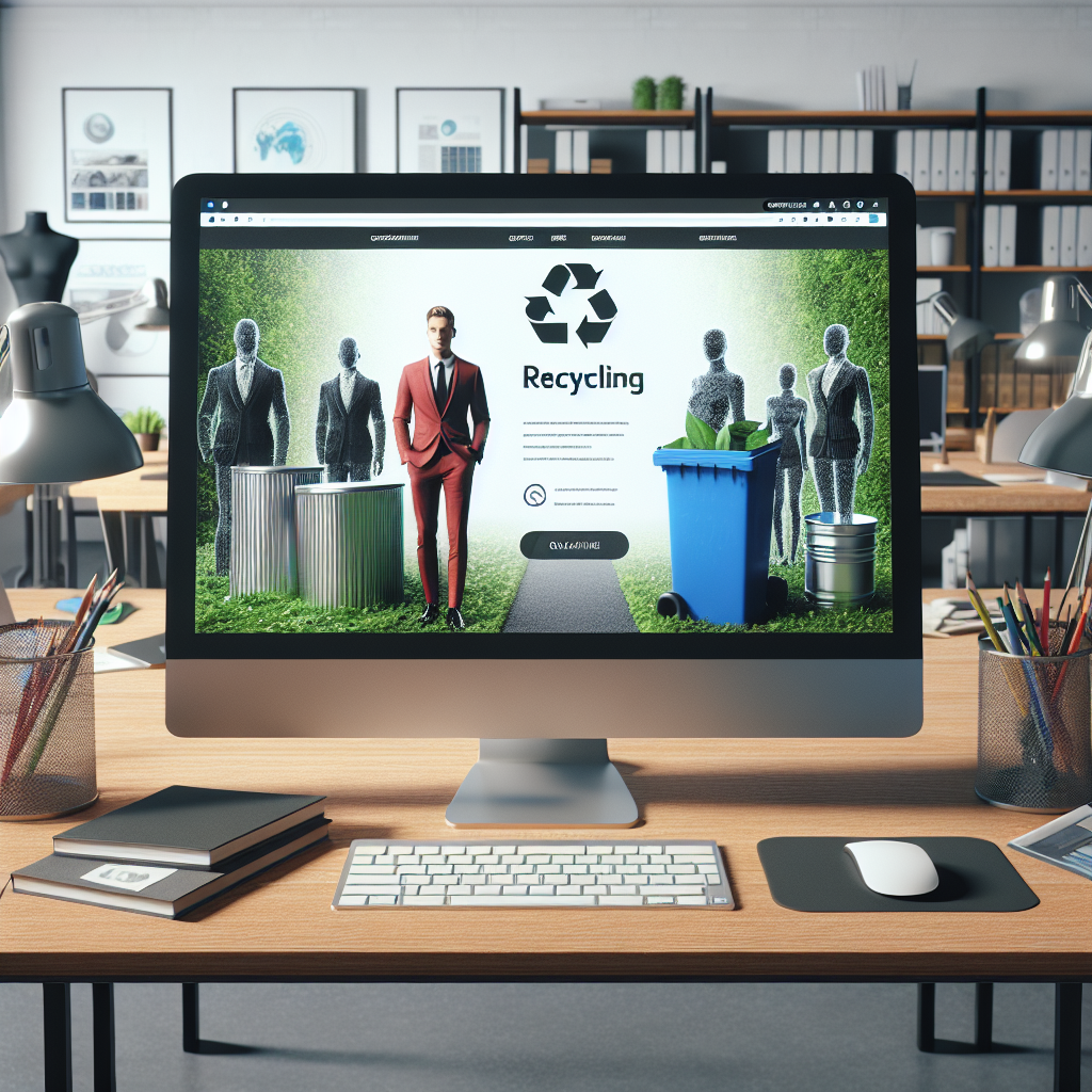 Un bureau moderne avec un ordinateur affichant un site web de recyclage.
