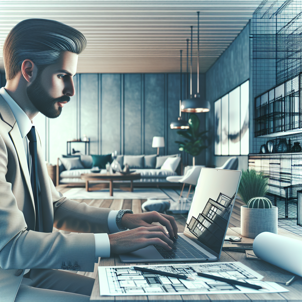 Un décorateur d'intérieur utilisant un ordinateur portable dans un espace de travail moderne.