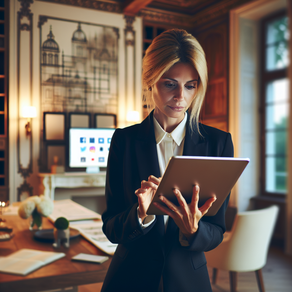 Un décorateur d'intérieur utilisant une tablette pour publier sur les réseaux sociaux.