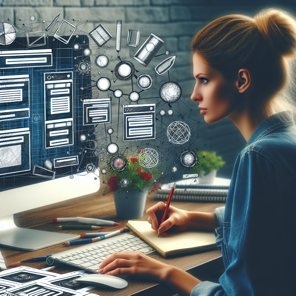 Un designer travaillant sur un ordinateur avec des croquis de design web autour.