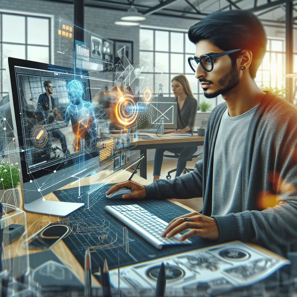 Un designer travaillant sur un ordinateur avec des éléments graphiques de réalité augmentée à l'écran.