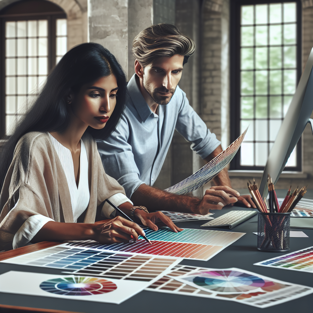 Un designer travaillant sur un ordinateur avec des échantillons de couleurs et de design.