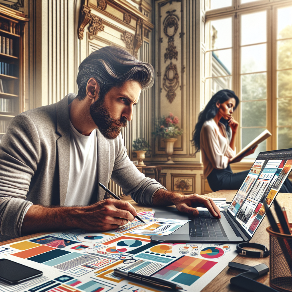 Un designer travaillant sur une maquette de site web avec des éléments graphiques colorés.