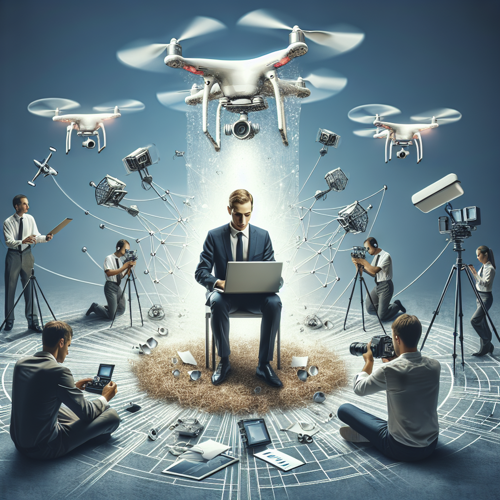 Un entrepreneur travaillant sur un ordinateur portable, entouré de drones et d'appareils photo.