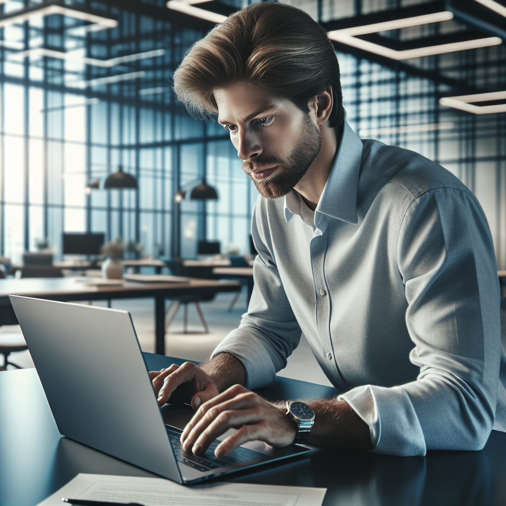 Un entrepreneur utilisant un ordinateur portable dans un environnement de bureau moderne.