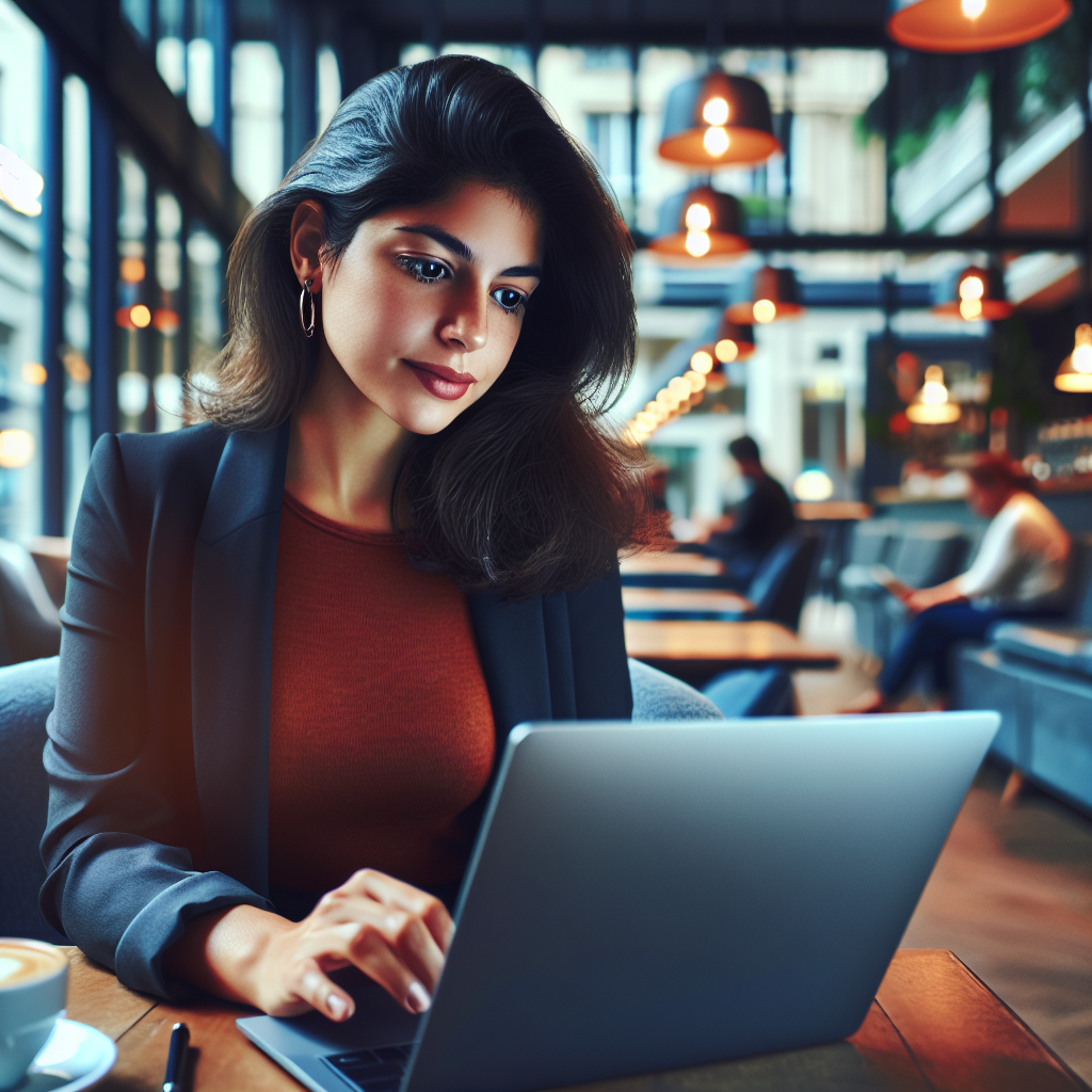 Un entrepreneur utilisant un ordinateur portable dans un café moderne.