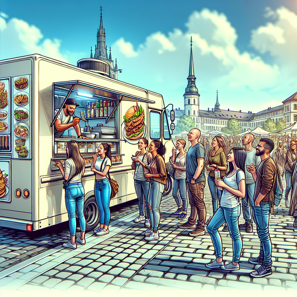 Un food truck moderne avec des clients heureux autour.