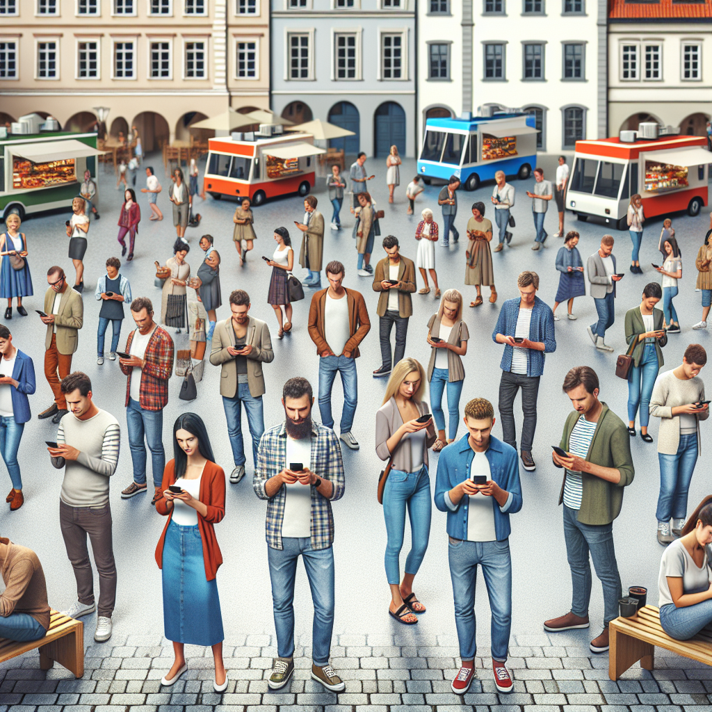 Un groupe de personnes utilisant des smartphones pour rechercher des food trucks à proximité.