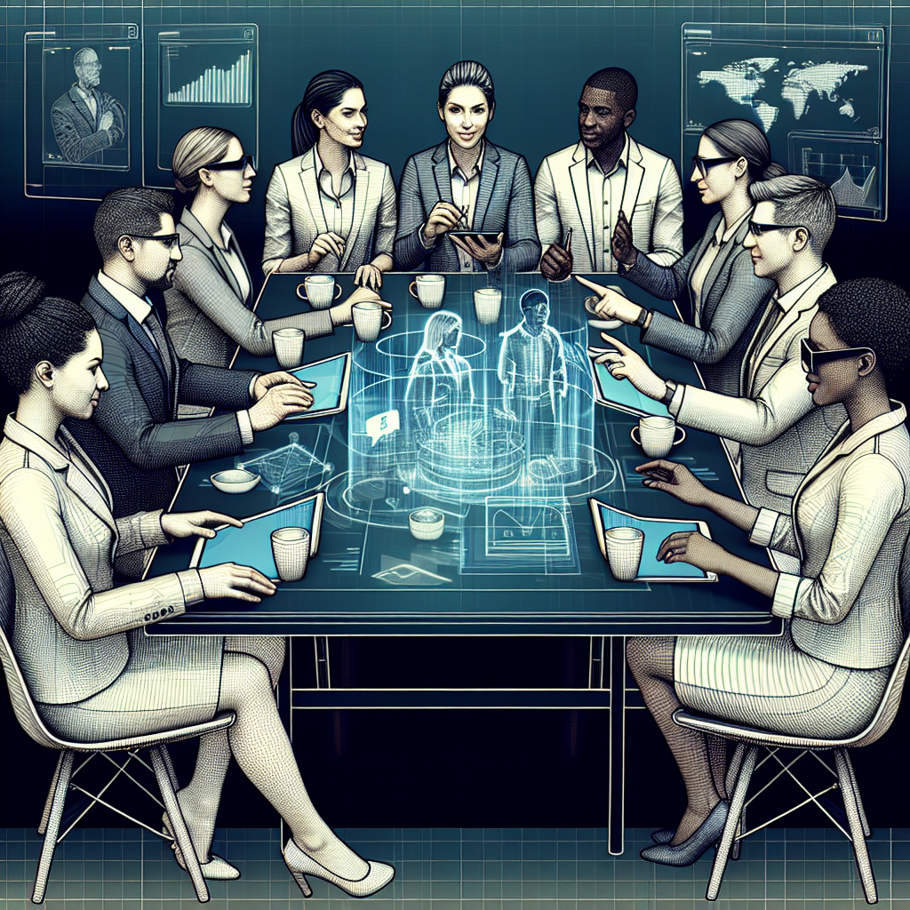 Un groupe de professionnels discutant autour d'une table avec des appareils de réalité augmentée.