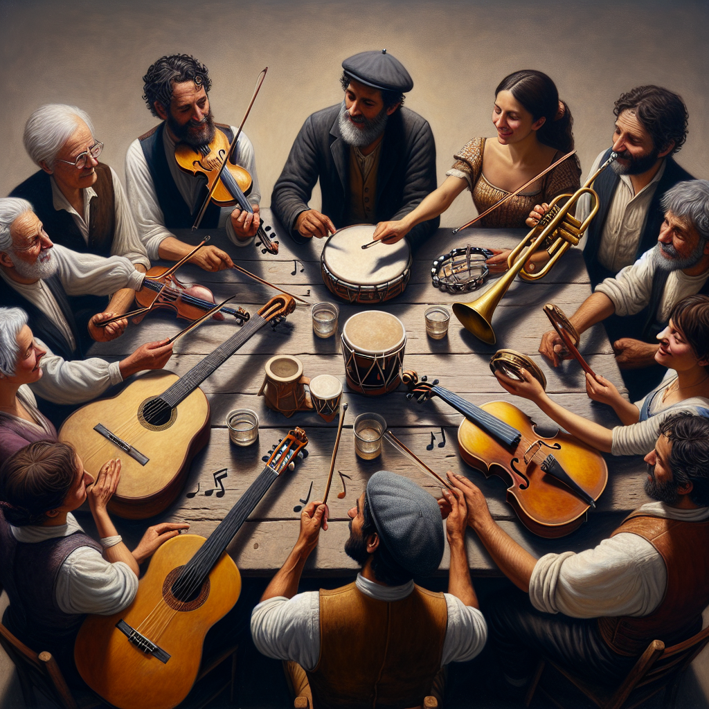 Un groupe diversifié de musiciens discutant autour d'une table avec des instruments de musique.