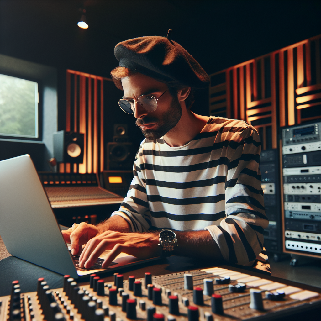 Un musicien utilisant un ordinateur portable dans un studio de musique moderne.