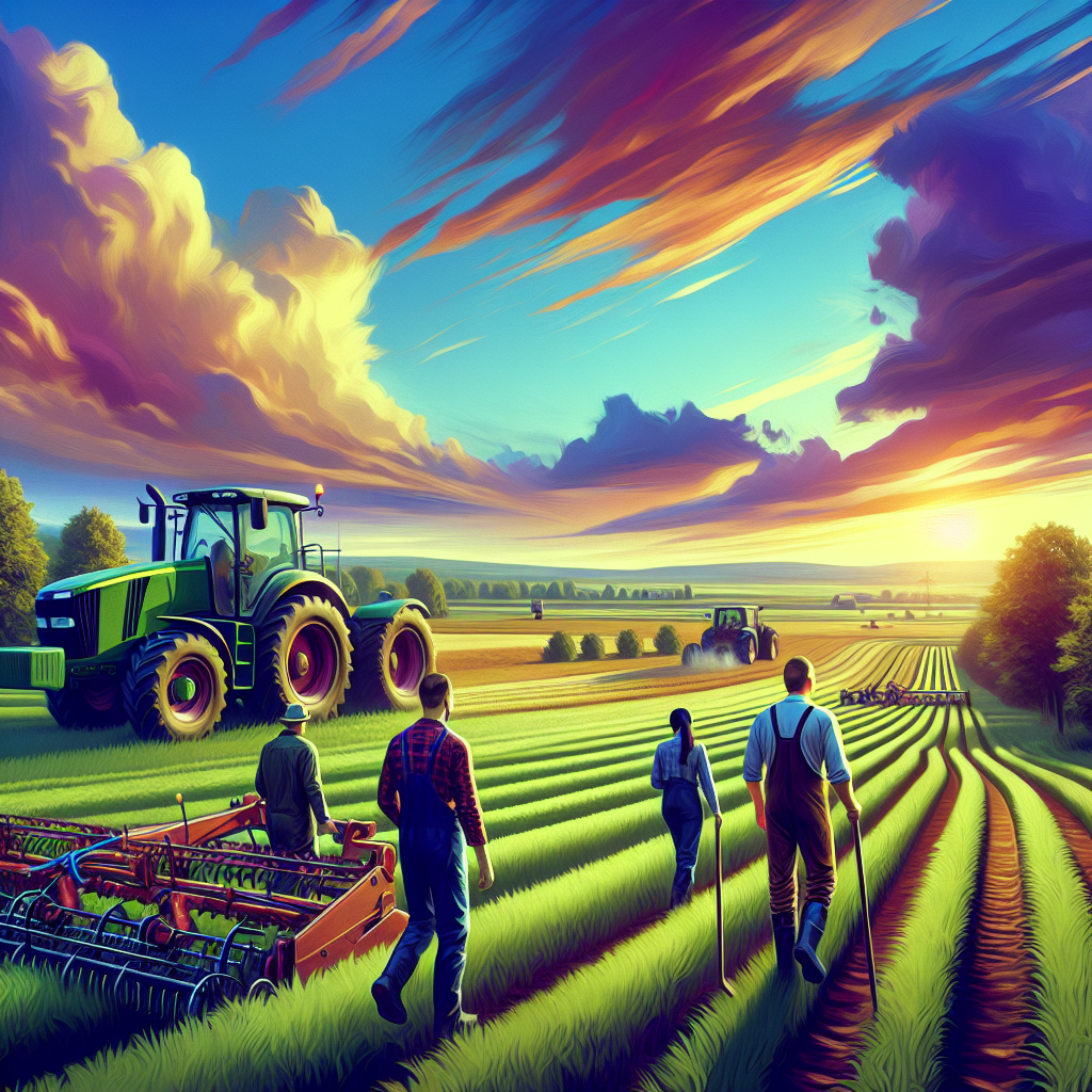 Un paysage agricole avec des machines agricoles en action.