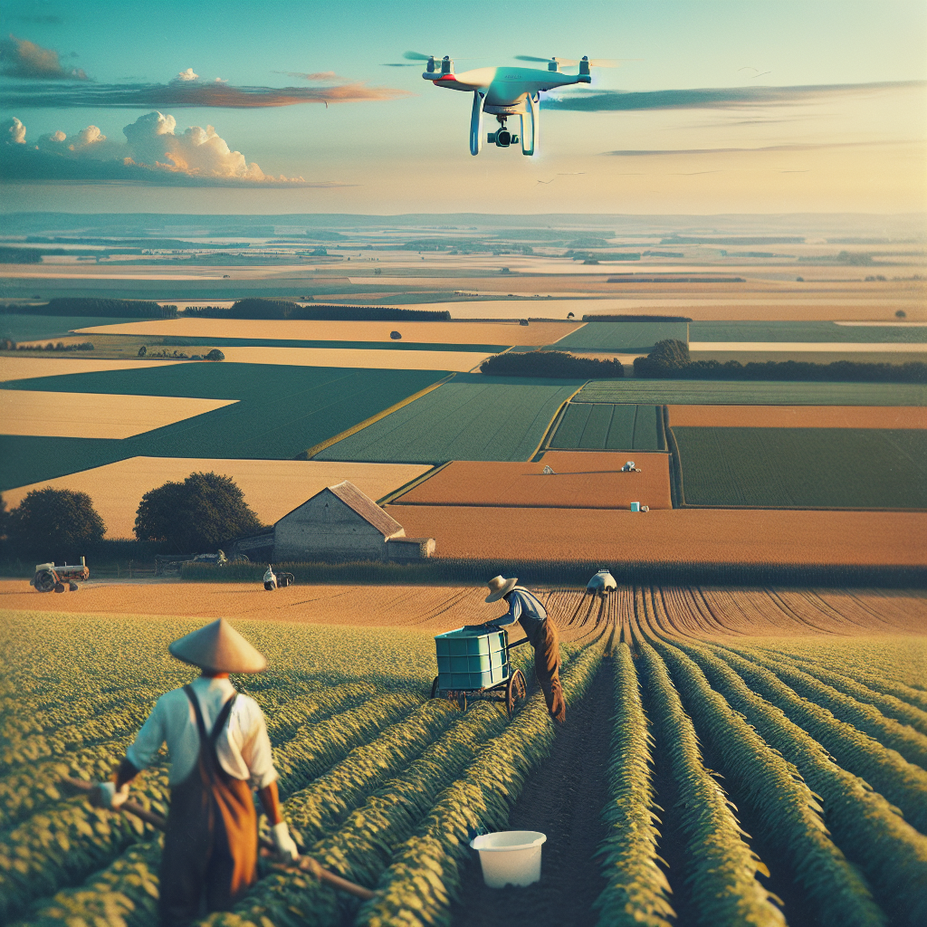 Un paysage agricole avec un drone survolant un champ.