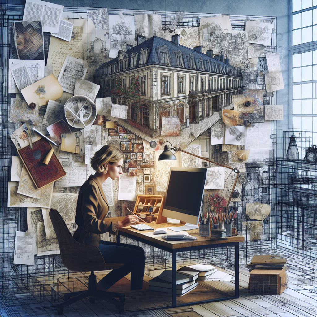 Un rédacteur travaillant sur un ordinateur, entouré de notes et de croquis.