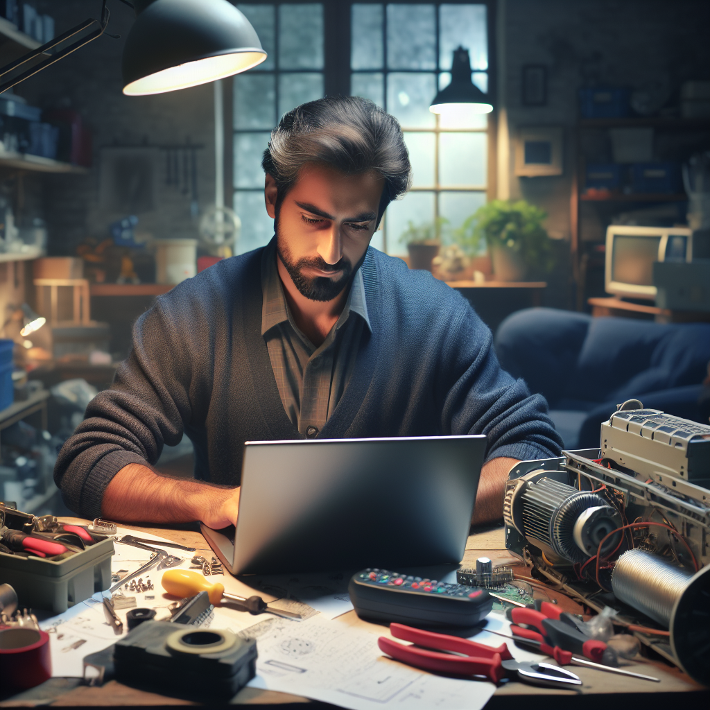 Un réparateur d'appareils électroménagers travaillant sur un ordinateur portable.