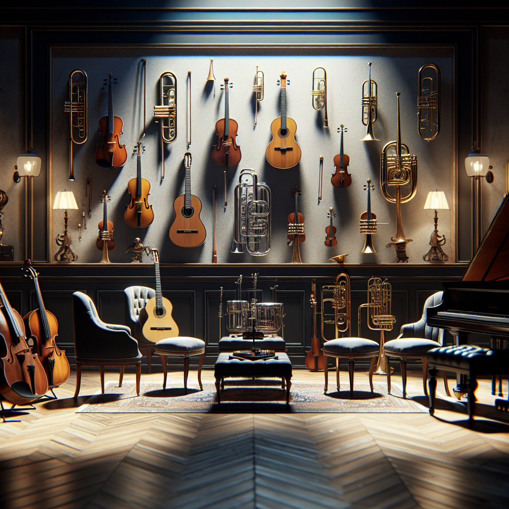 Une galerie de photos d'instruments de musique bien éclairée et organisée.