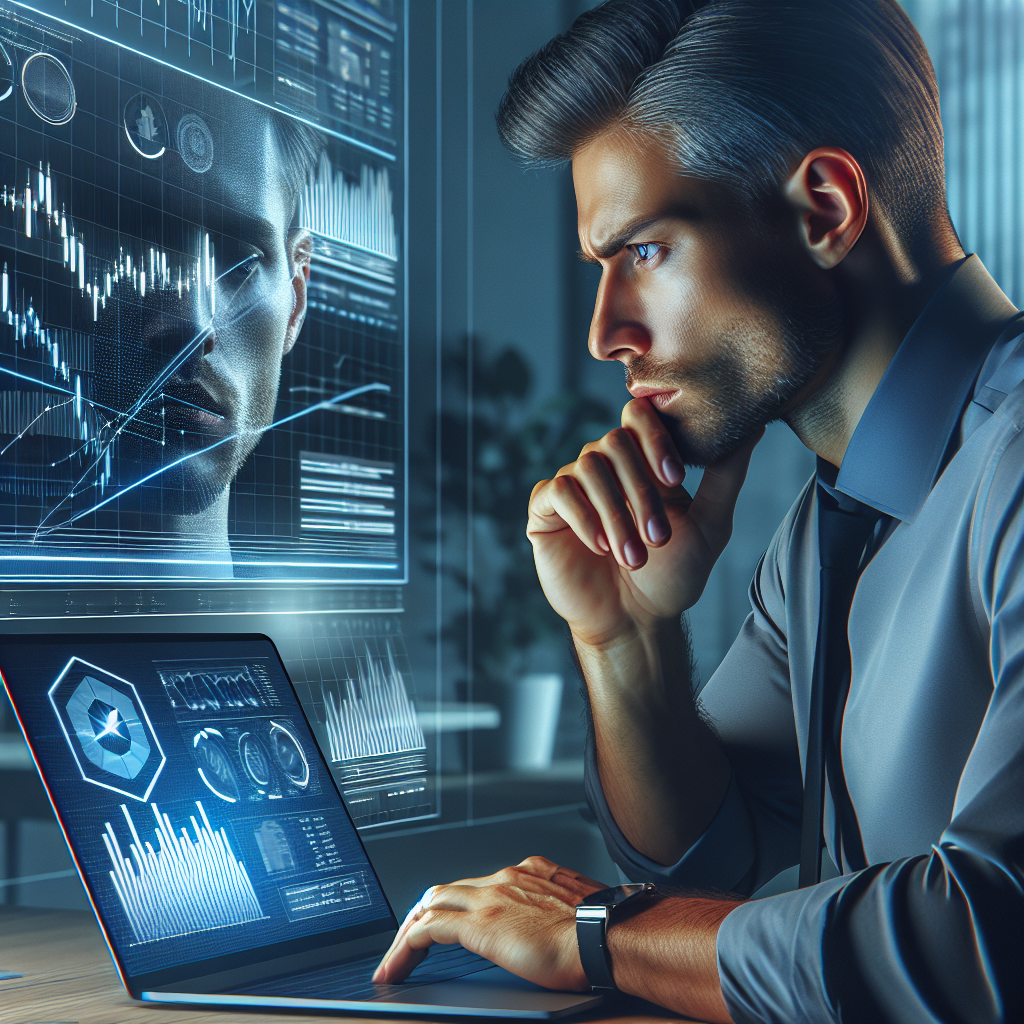 Une personne réfléchissant devant un ordinateur portable avec des graphiques financiers à l'écran.