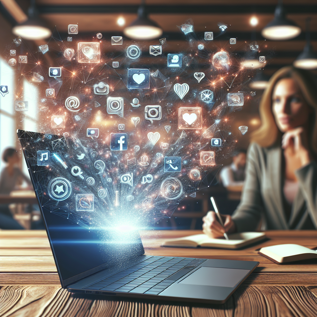 Des icônes de réseaux sociaux flottant autour d'un ordinateur portable.