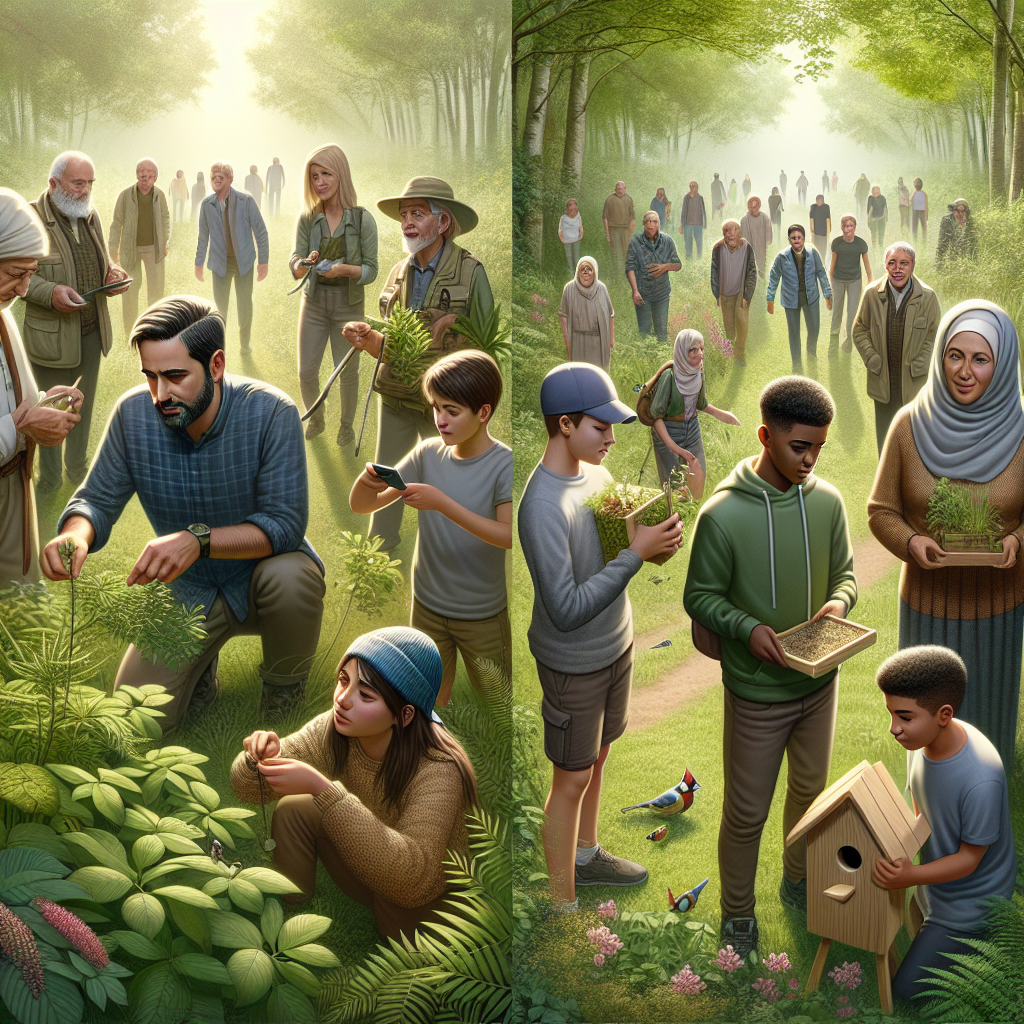 Des personnes interagissant dans un environnement naturel, symbolisant l'engagement écologique.