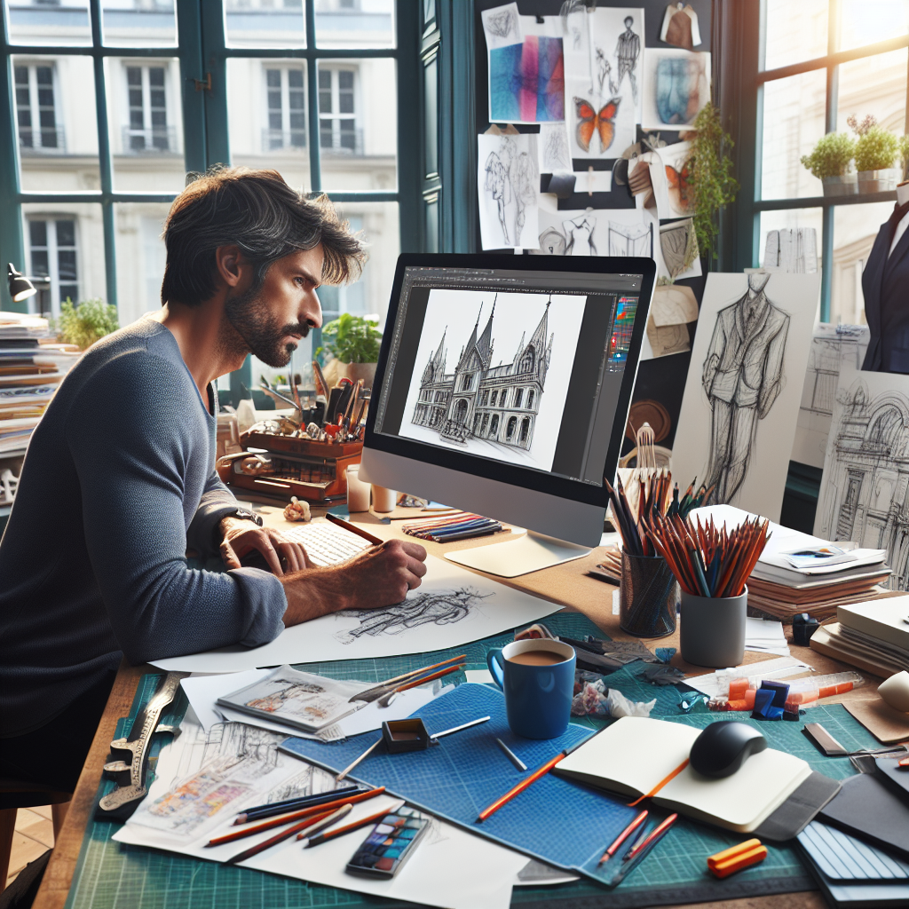 Image d'un designer travaillant sur un ordinateur avec des croquis de design.