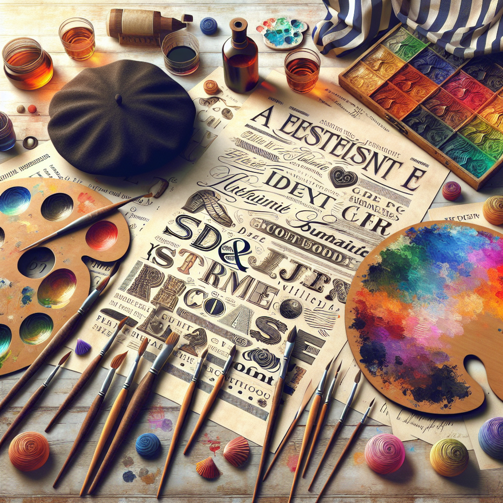 Palette de couleurs et typographies artistiques sur un bureau.