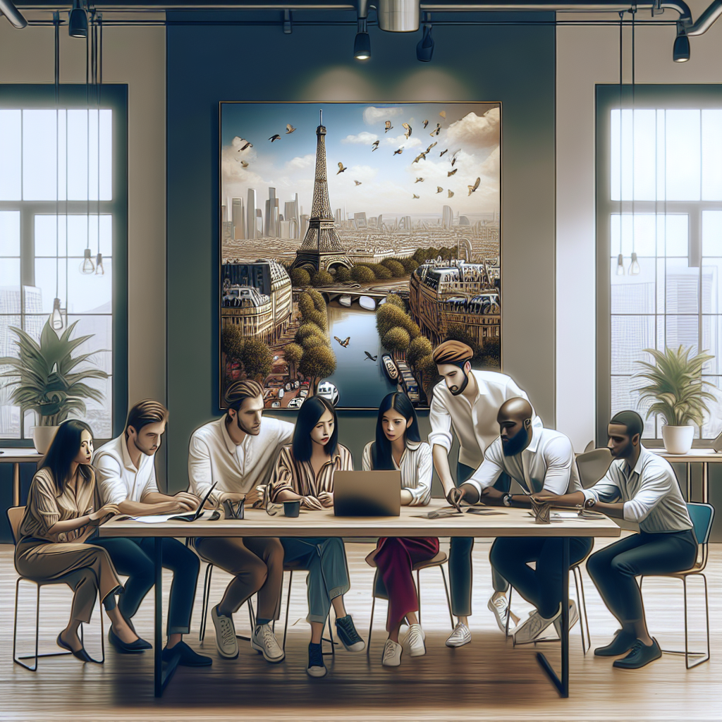 Personnes collaborant autour d'un ordinateur portable dans un espace de travail moderne.