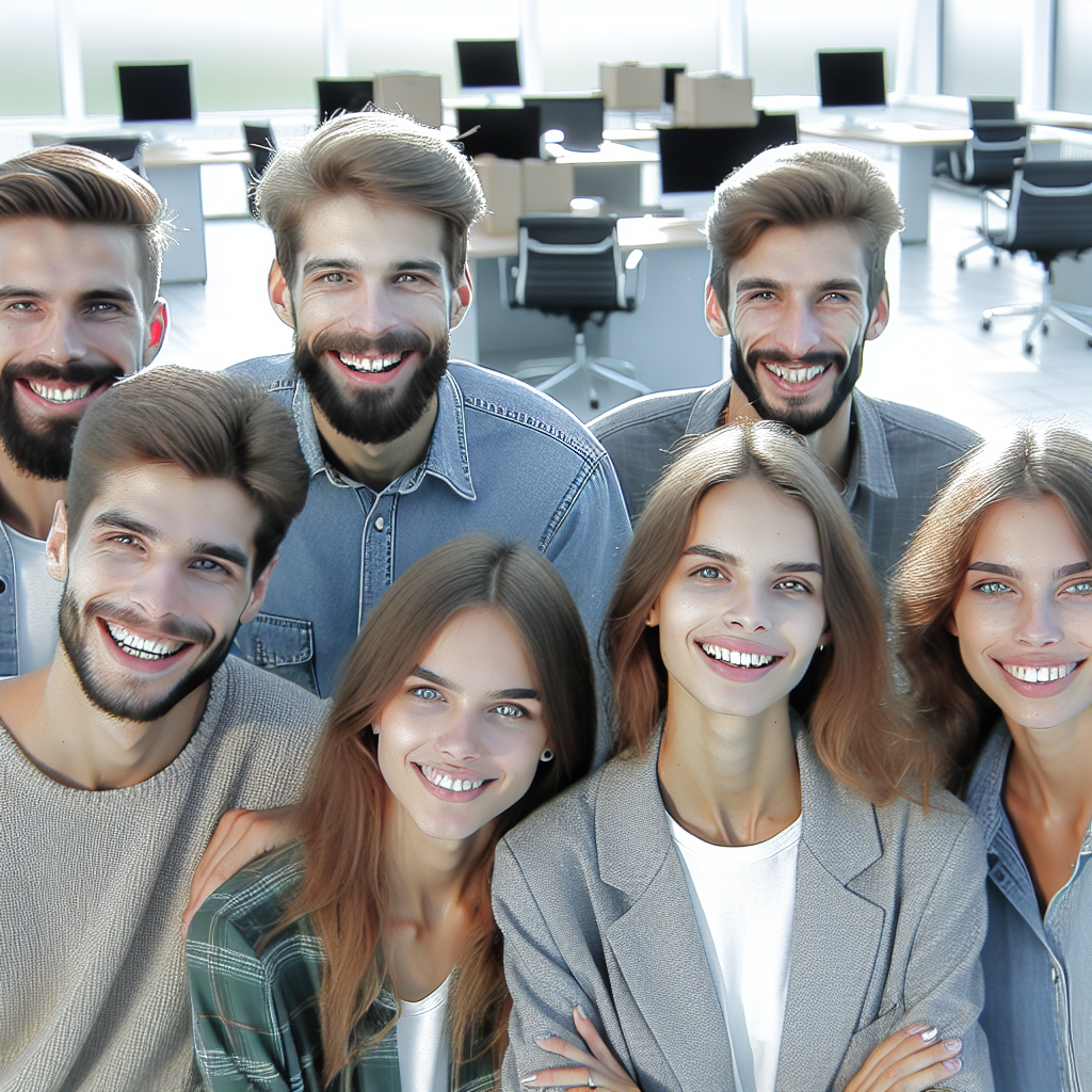 Personnes souriantes dans un bureau moderne, symbolisant le succès et la satisfaction client.