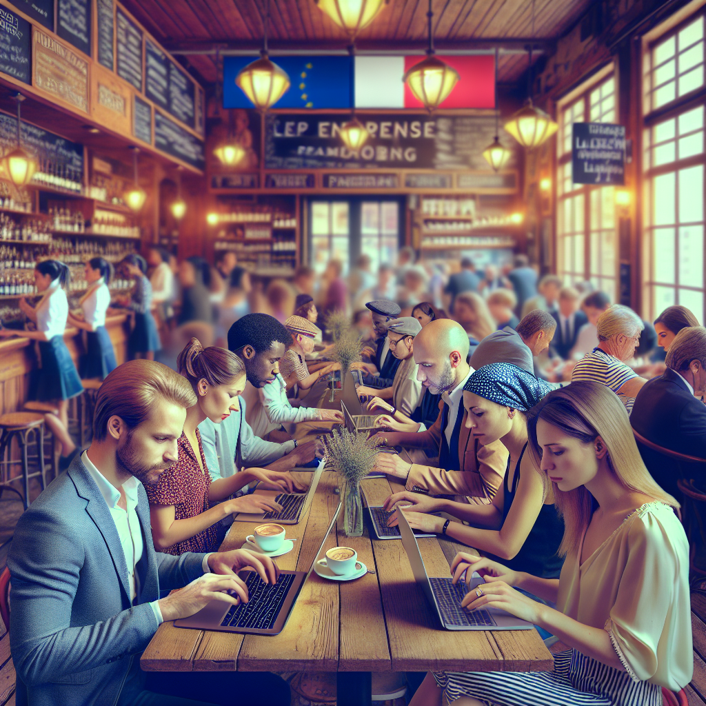 Personnes utilisant des ordinateurs portables dans un café, partageant des idées.