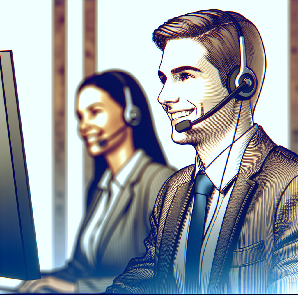 Un agent de support technique souriant, prêt à aider, avec un casque et un ordinateur.