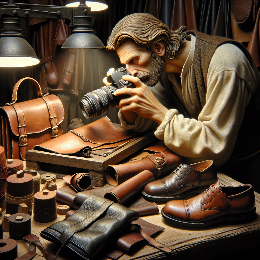 Un artisan photographiant des produits en cuir.