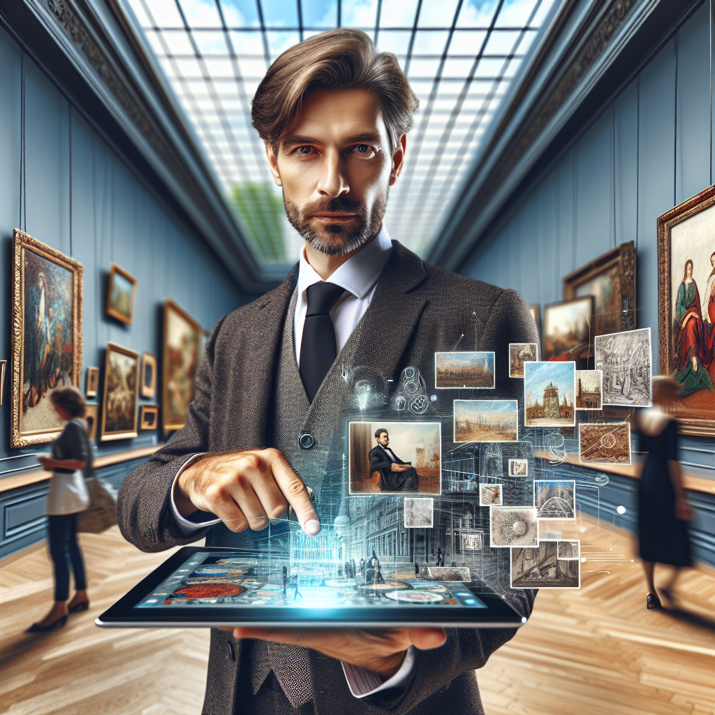 Un artiste montrant une galerie d'images interactive sur une tablette.