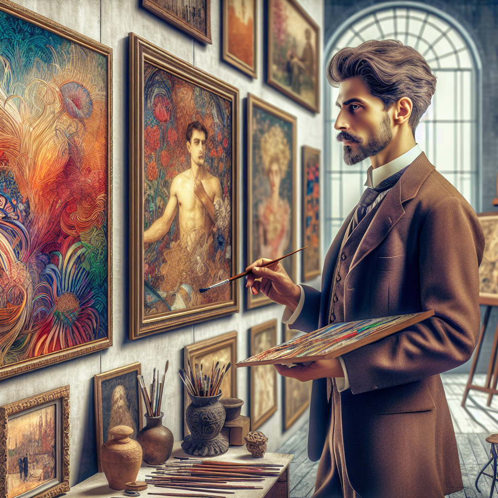 Un artiste organisant des œuvres d'art sur un mur.