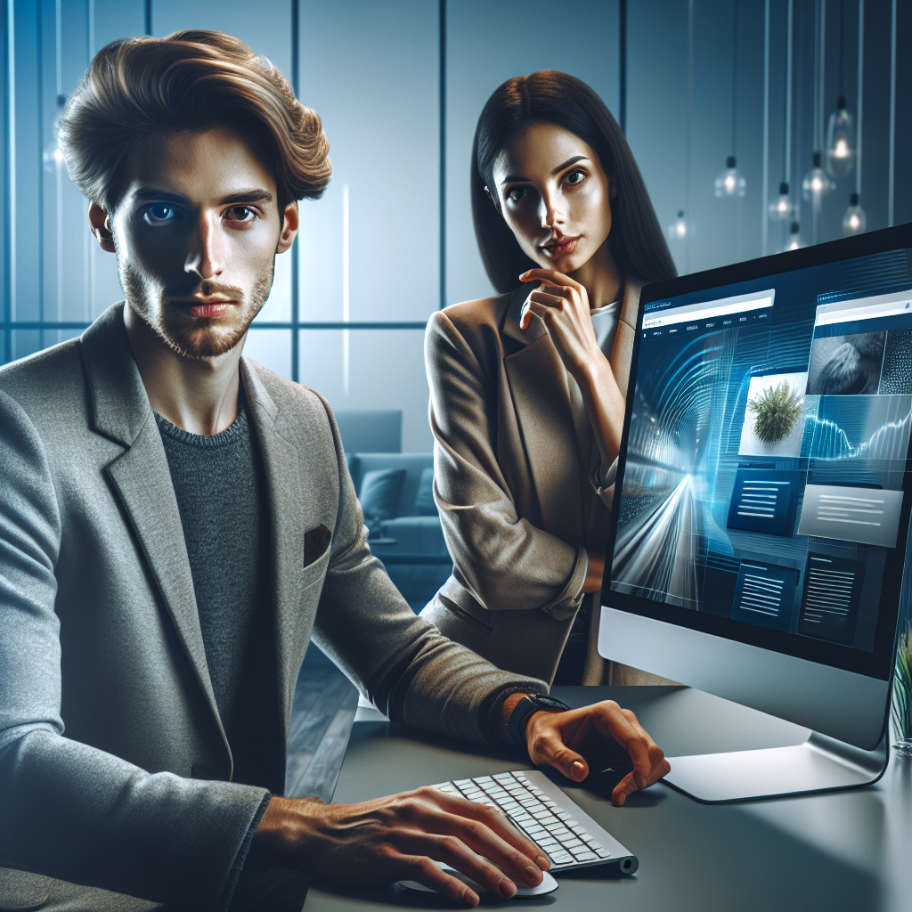 Un bureau moderne avec un ordinateur affichant un design de site web immersif.