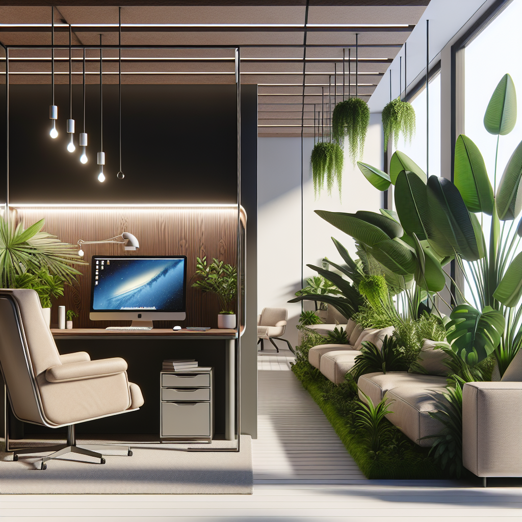 Un cabinet de psychothérapie moderne avec un ordinateur et des plantes, symbolisant la connexion entre tradition et technologie.