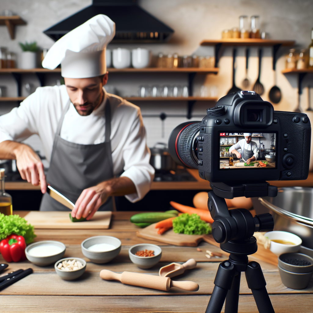 Un chef cuisinier enregistrant une vidéo de préparation culinaire.