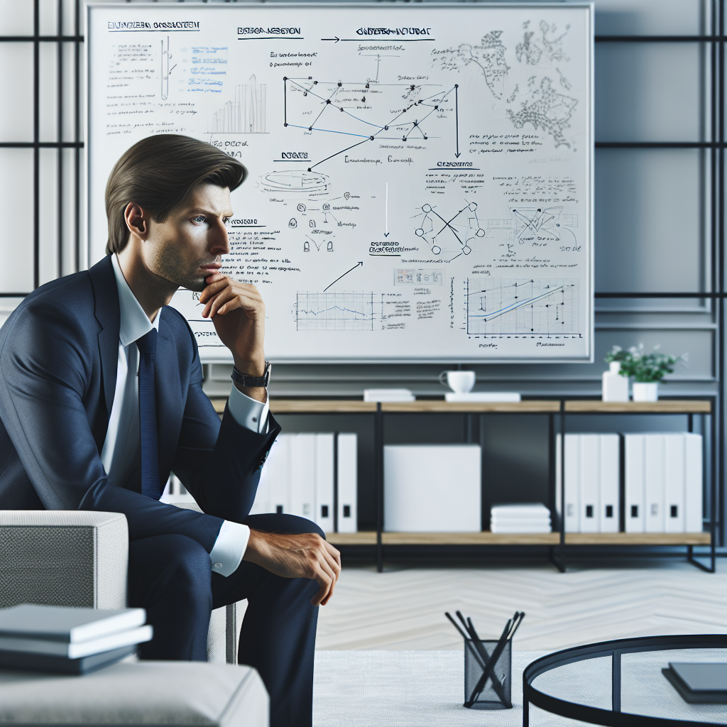Un consultant en train de réfléchir devant un tableau blanc avec des notes.