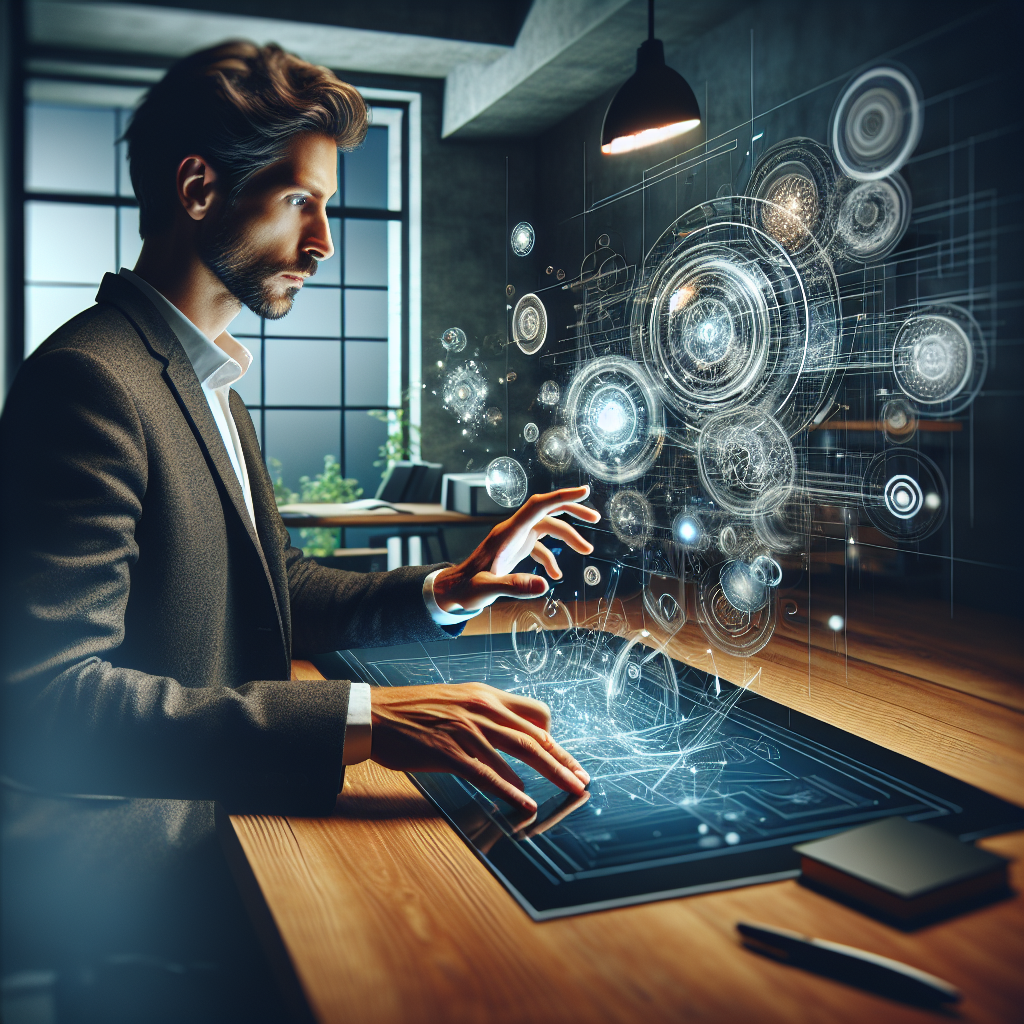 Un designer travaillant sur un écran avec des éléments de réalité augmentée.