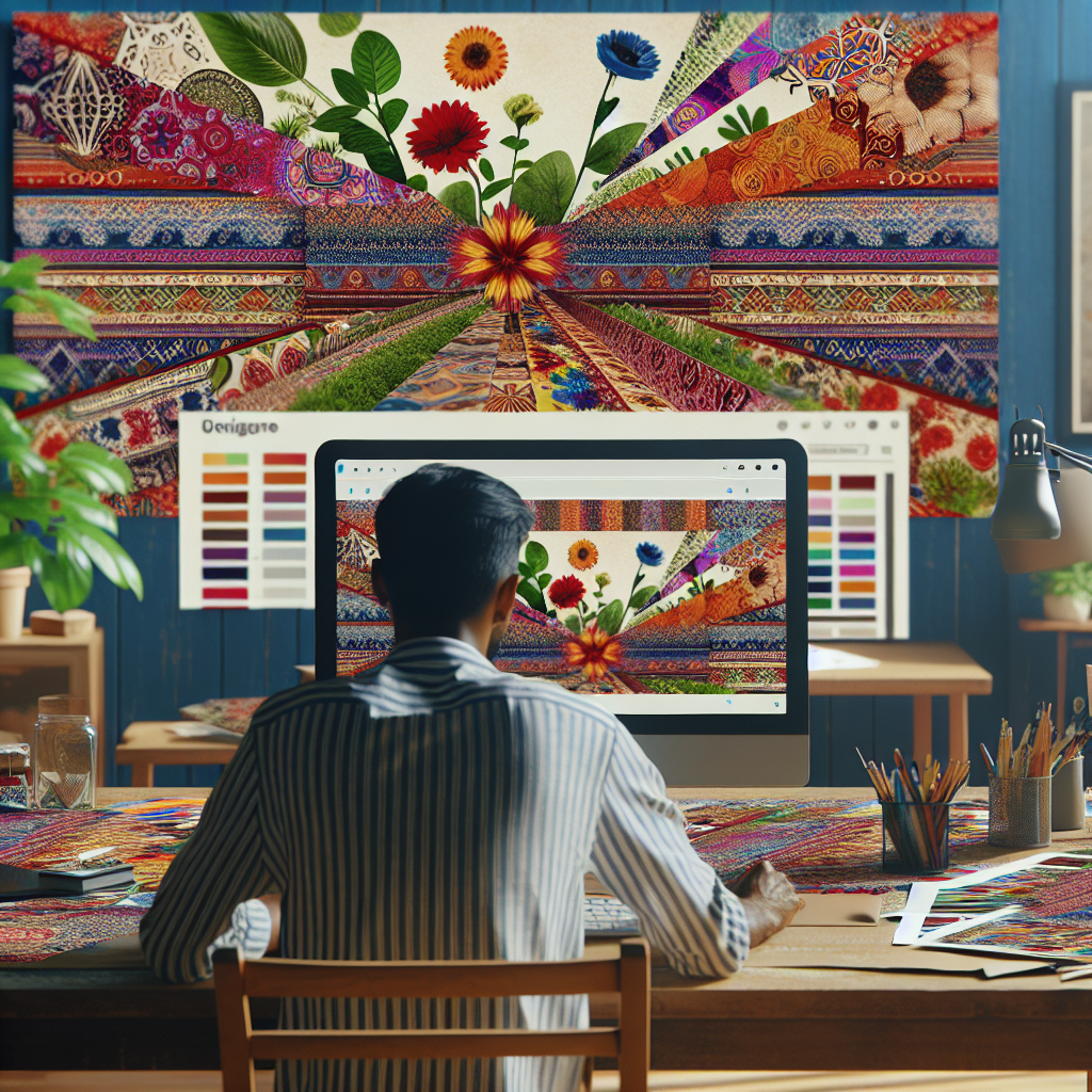 Un designer web travaillant sur un écran d'ordinateur avec des motifs végétariens colorés.